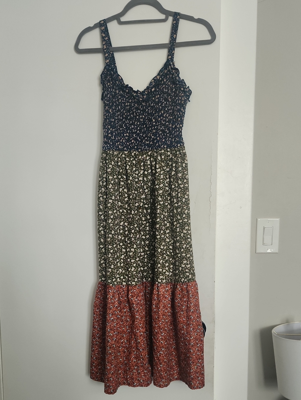 Smocked Floral Tiered Maxi Dress in Navy, Olive & Rust